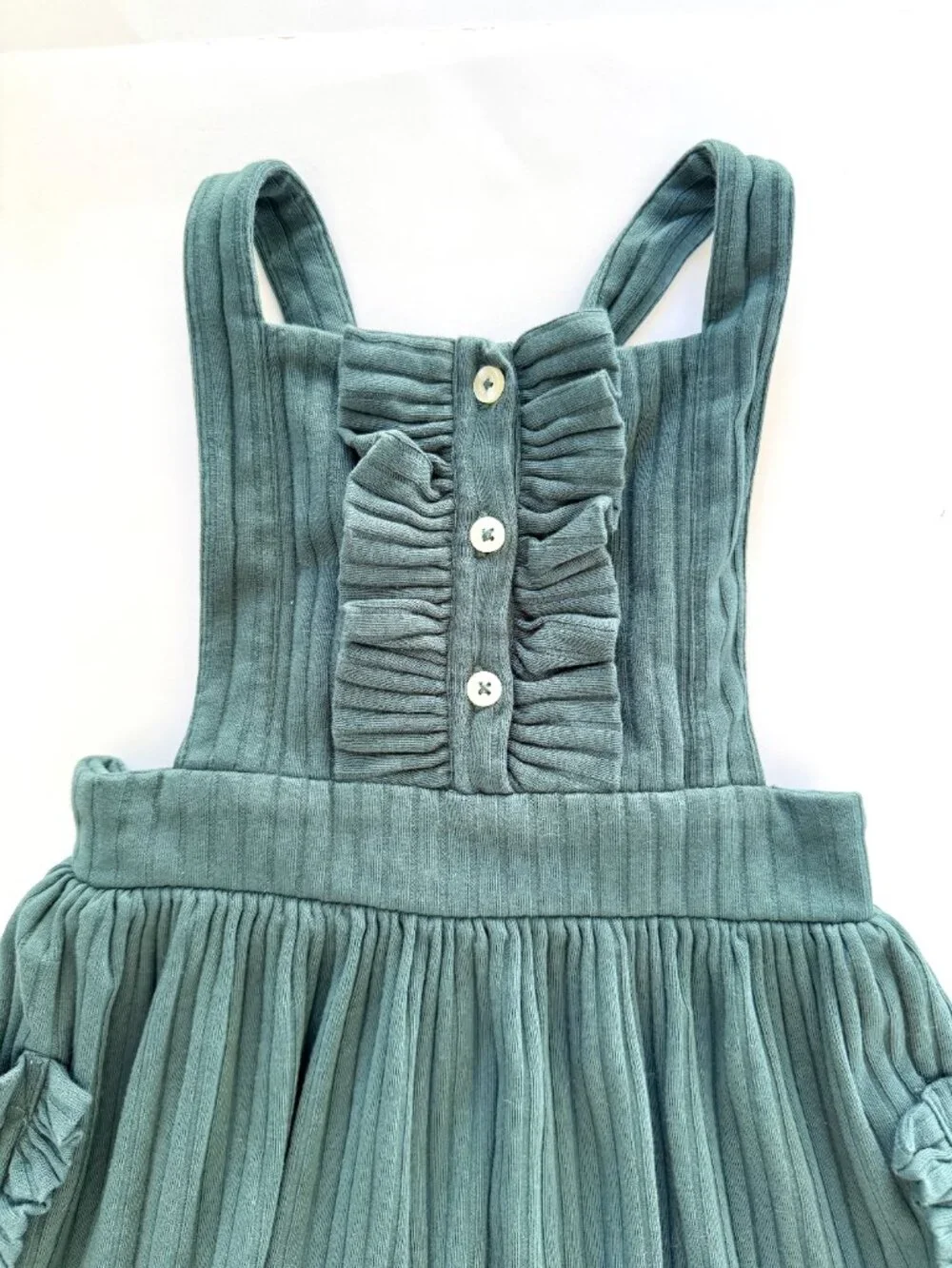 Kate Quinn Girls Sage Ribbed Pinafore Dress Sz 4T Crossback Ruffle